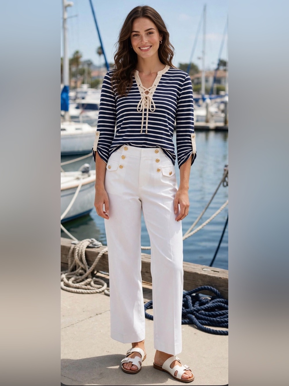 a'gaci Navy and White Striped Lace-Up Long Sleeve Top